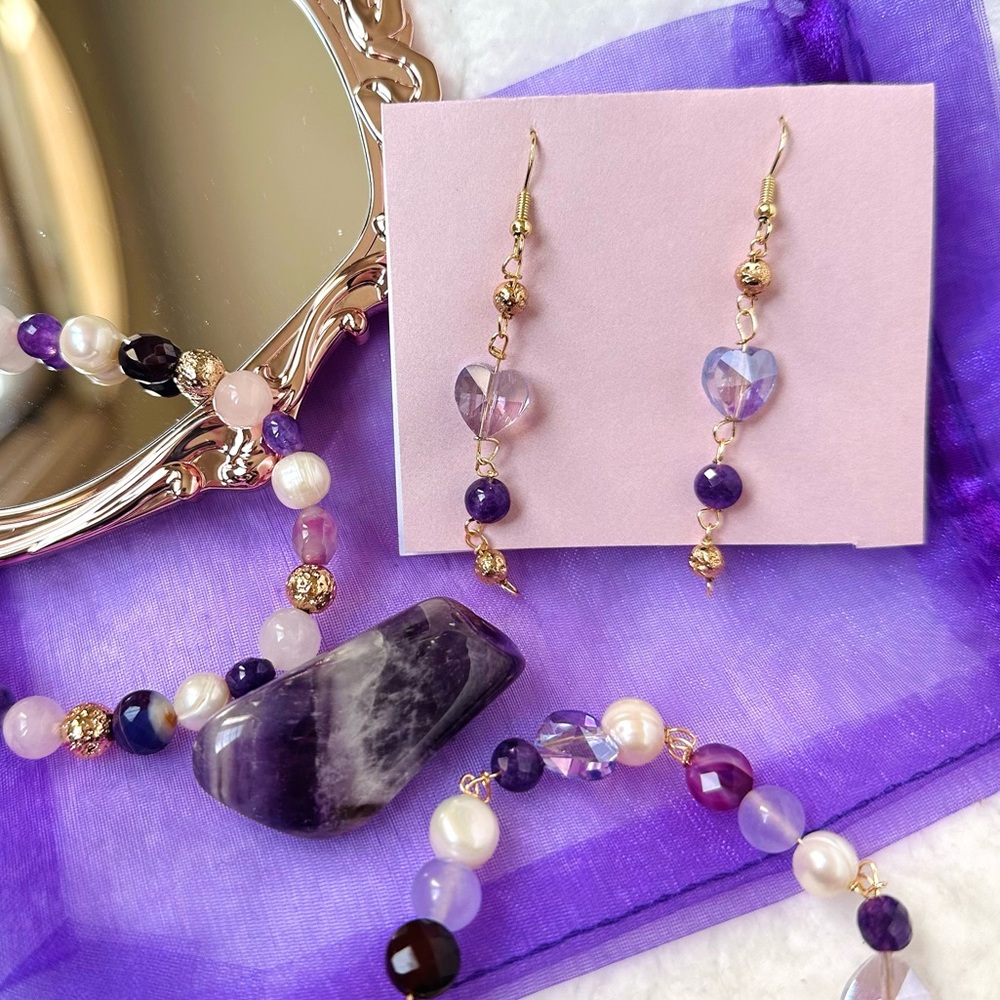 Purple stone heart earring and bracelet set